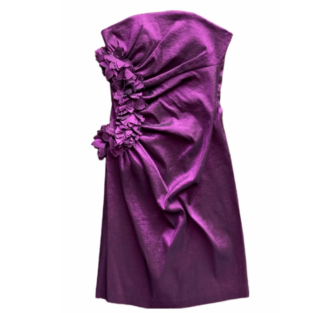 IXIA size 0 purple strapless bodycon cocktail dress with flowers on the side